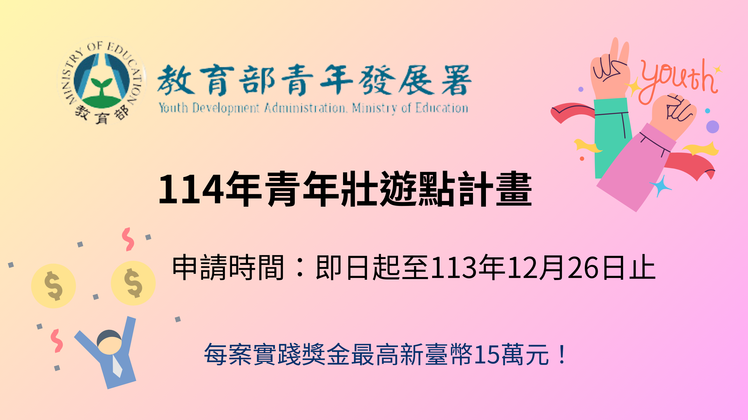 轉知｜教育部青年發展署「114年青年壯遊點計畫」